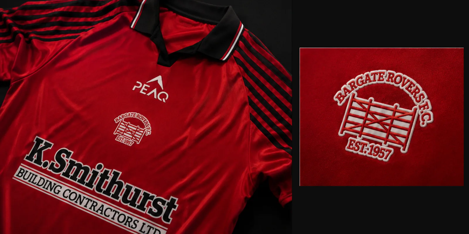 Bargate Rovers custom Peaq shirt in red and black, with a raised silicone club crest.